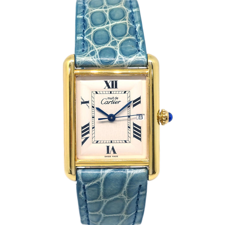 Cartier Must Tank LM Ref.2413 Quartz Watch SV925 Light Blue Crocodile