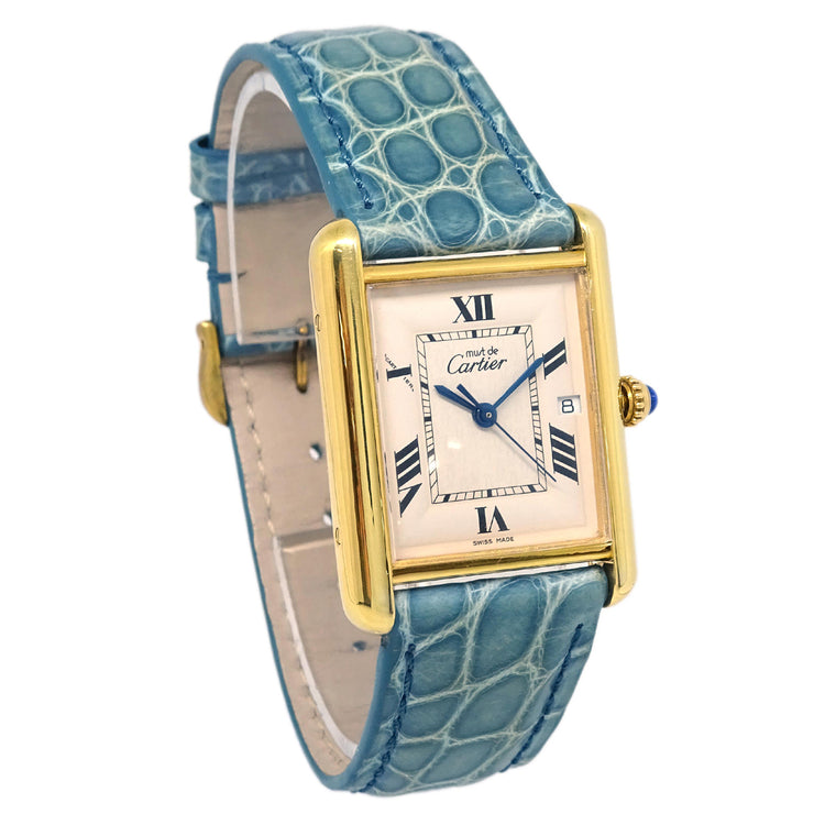 Cartier Must Tank LM Ref.2413 Quartz Watch SV925 Light Blue Crocodile