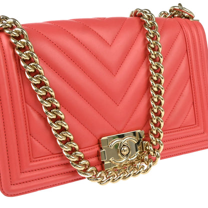 Boy Chanel 2019 Pink Lambskin Chevron Medium Double Chain Shoulder Bag