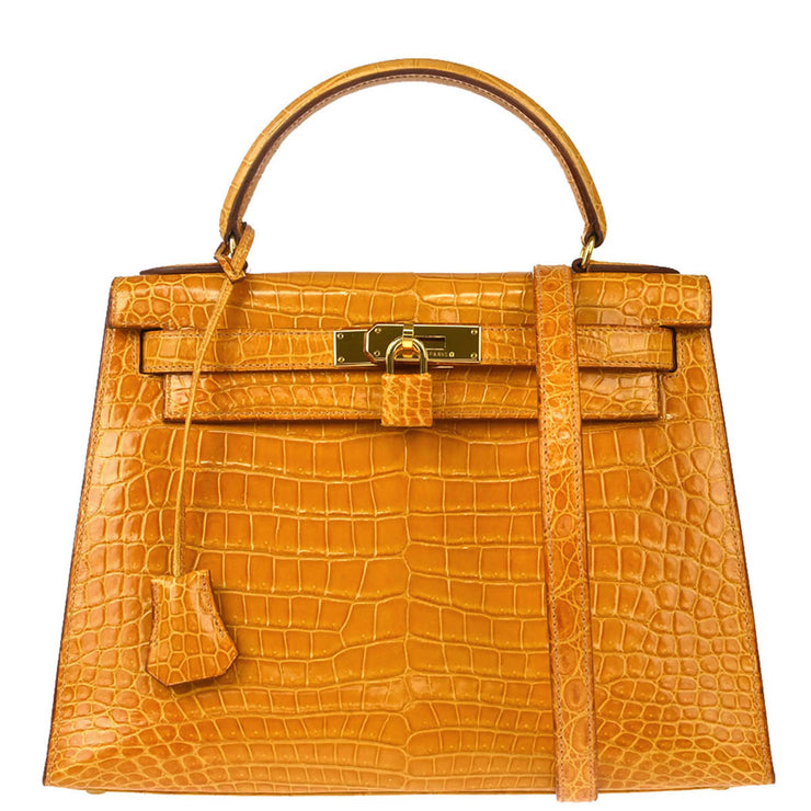 Hermes *1997 Saffron Crocodile Porosus Kelly 28 Sellier 2way Shoulder Handbag