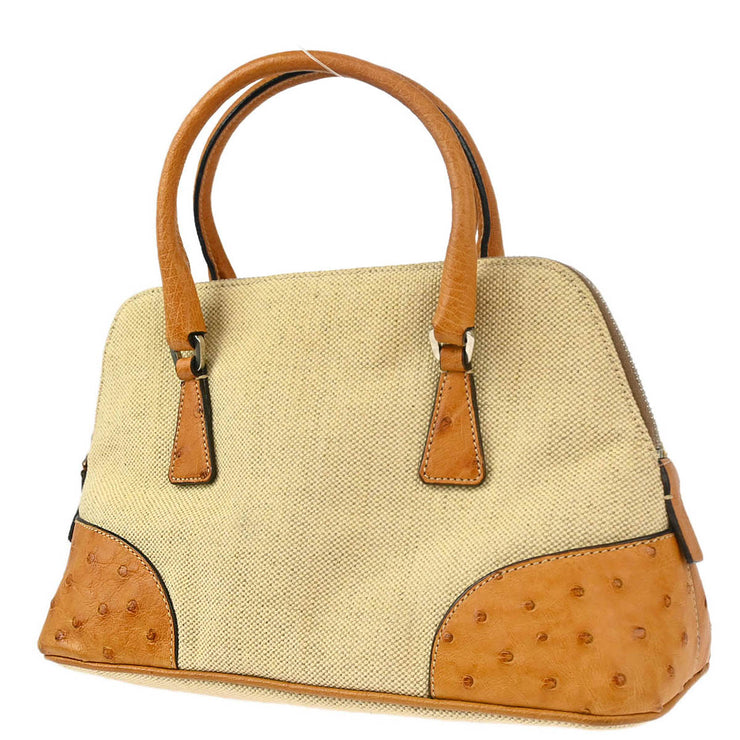 Prada * Beige Canvas Ostrich Handbag