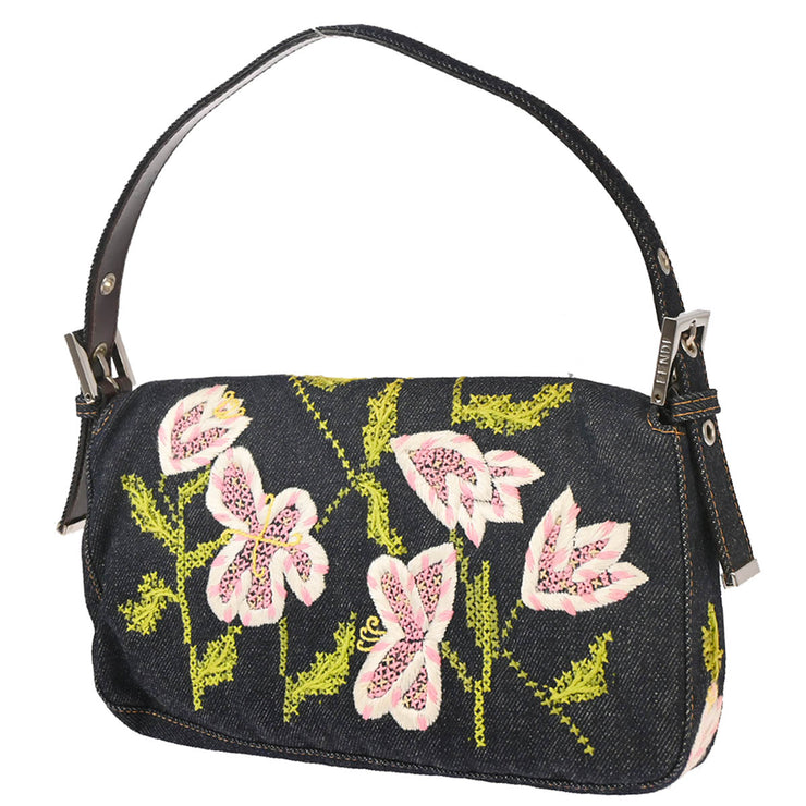 Fendi Navy Denim Flower Mamma Baguette Handbag