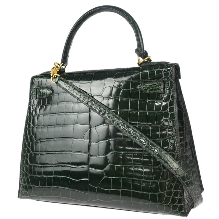 Hermes * 2001 Vert Fonce Crocodile Porosus Kelly 28 Sellier 2way Shoulder Handbag