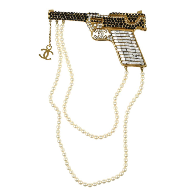 Chanel Gun Brooch Pin Rhinestone Artificial Pearl Gold 01A