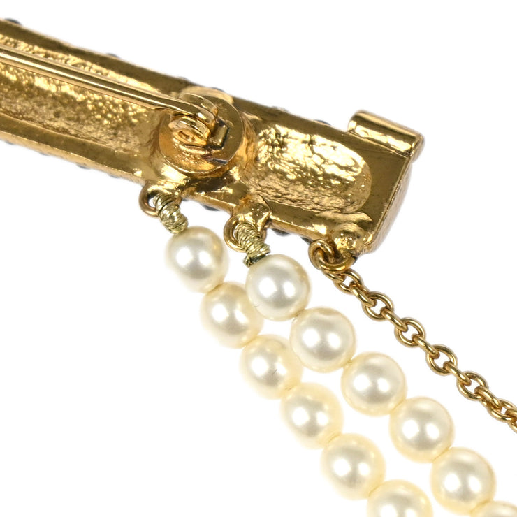 Chanel Gun Brooch Pin Rhinestone Artificial Pearl Gold 01A