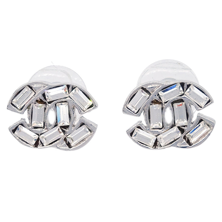 Chanel CC Piercing Earrings Rhinestone Silver 01P