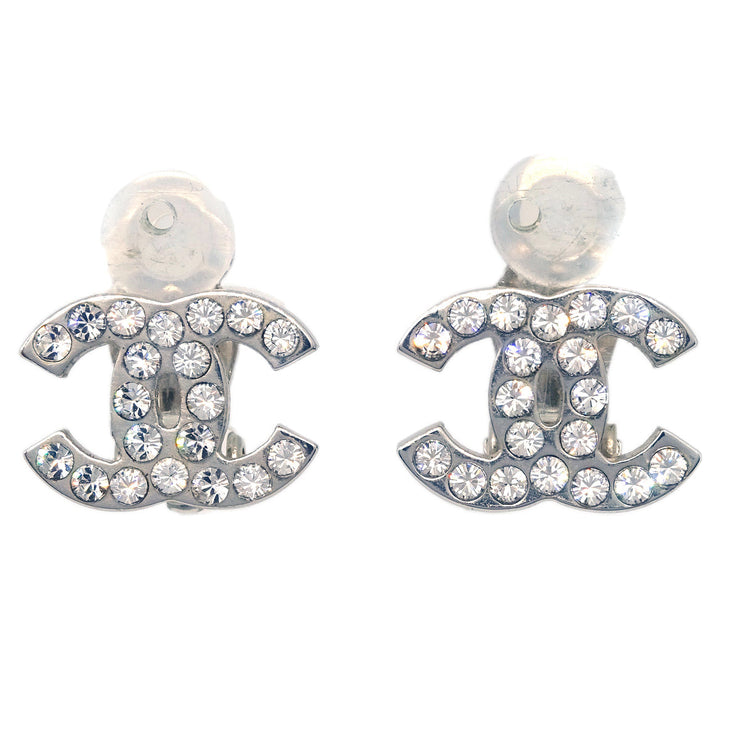 Chanel CC Rhinestone Earrings Clip-On Silver 05V