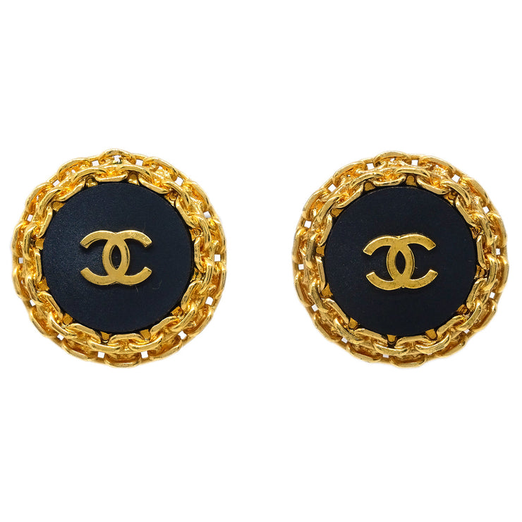 Chanel Button Earrings Clip-On Black Gold 27