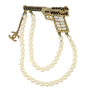 Chanel Gun Brooch Pin Rhinestone Artificial Pearl Gold 01A