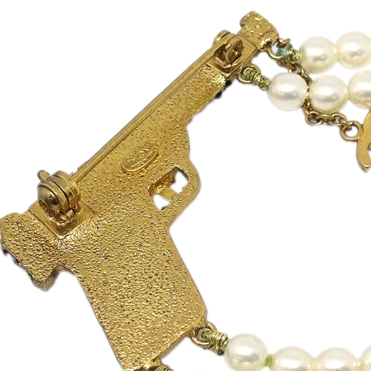 Chanel Gun Brooch Pin Rhinestone Artificial Pearl Gold 01A