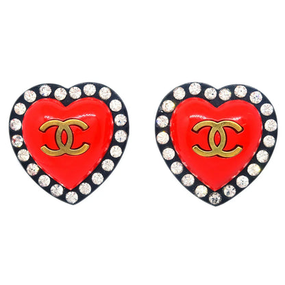 Chanel Heart Rhinestone Earrings Clip-On Red 95P