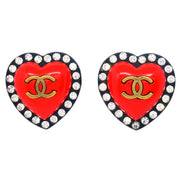 Chanel Heart Rhinestone Earrings Clip-On Red 95P