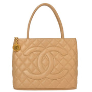 Chanel 2000-2001 Beige Caviar Medallion Tote Handbag