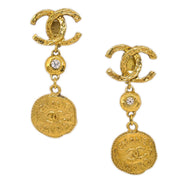 Chanel CC Rhinestone Dangle Earrings Clip-On Gold