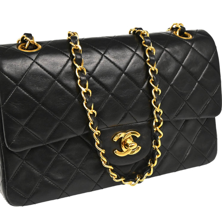 Chanel Black 1989-1991 Lambskin Small Classic Double Flap Shoulder Bag