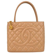 Chanel 2001-2003 Beige Caviar Medallion Tote Handbag