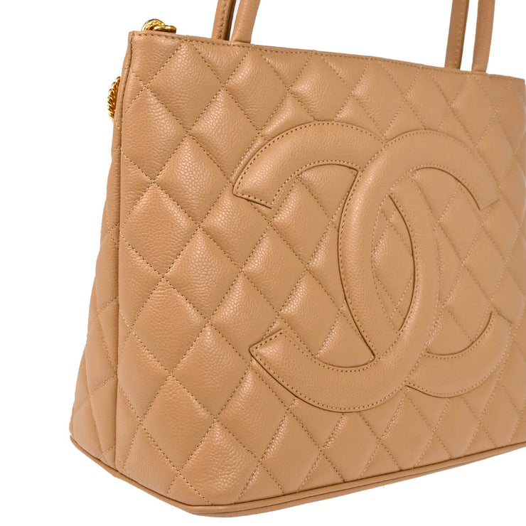 Chanel 2001-2003 Beige Caviar Medallion Tote Handbag