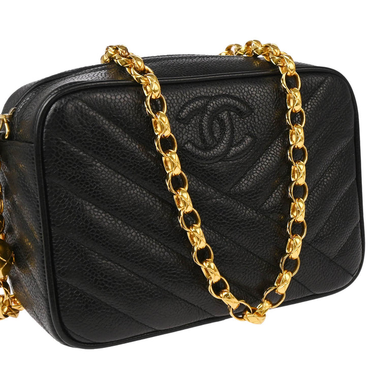 Chanel 1991-1994 Black Caviar Bias Stitch Camera Bag Mini