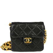 Chanel 1989-1991 Black Lambskin Classic Flap Micro Chain Shoulder Bag