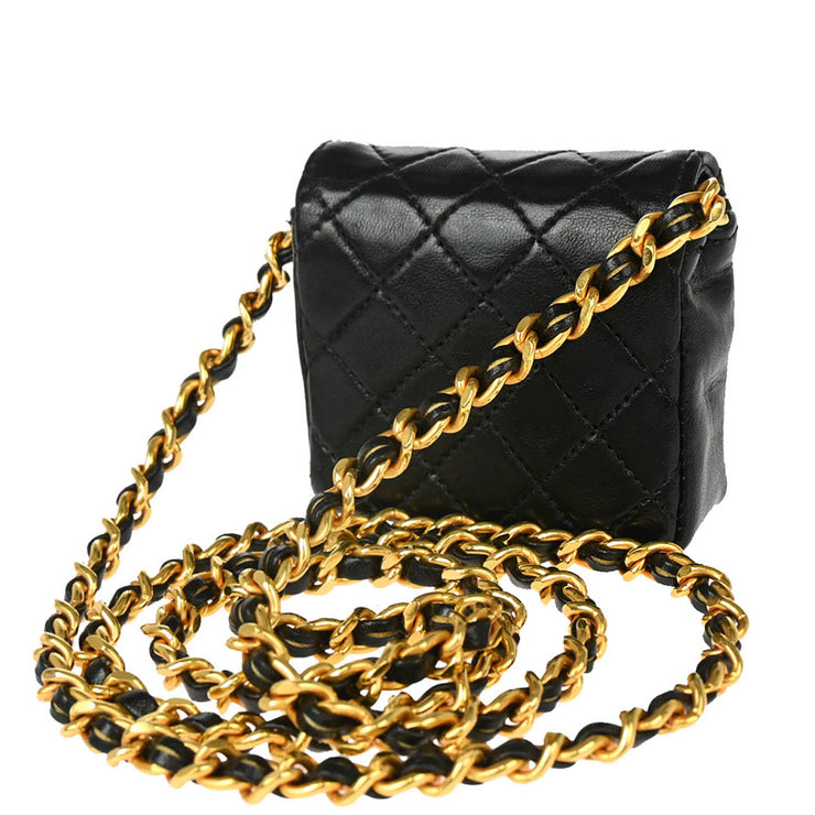 Chanel 1989-1991 Black Lambskin Classic Flap Micro Chain Shoulder Bag