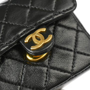 Chanel 1989-1991 Black Lambskin Classic Flap Micro Chain Shoulder Bag