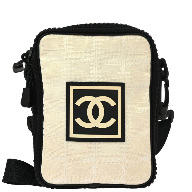 Chanel 2003-2004 White Black Jacquard Nylon Travel Sport Line Shoulder Bag