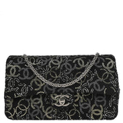 Chanel 2009-2010 Black Canvas Rhinestone Medium Classic Double Flap Shoulder Bag