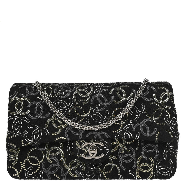 Chanel 2009-2010 Black Canvas Rhinestone Medium Classic Double Flap Shoulder Bag