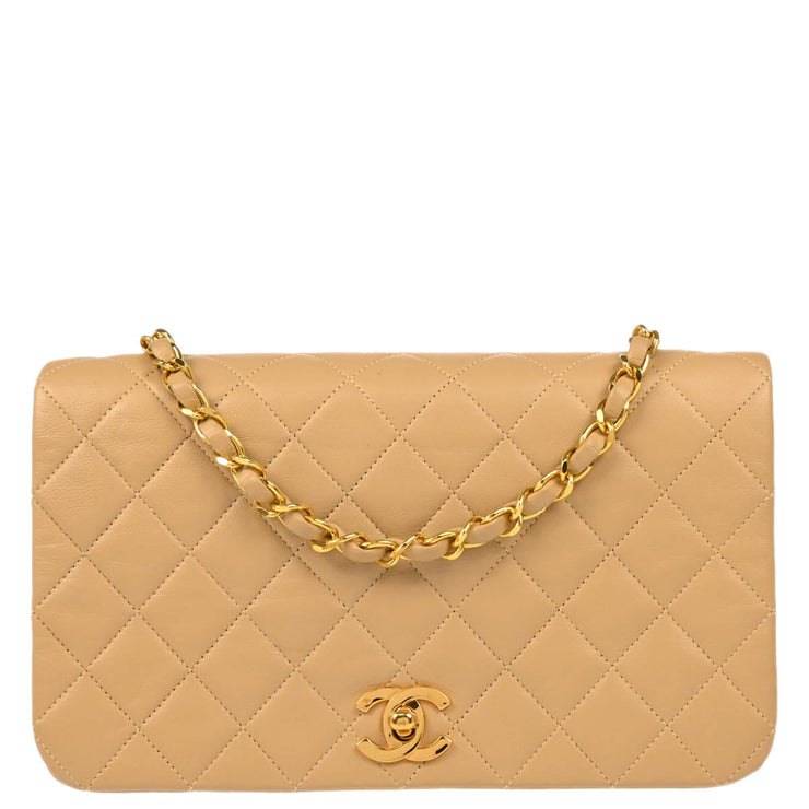 Chanel 1989-1991 Beige Lambskin Turnlock Small Full Flap Shoulder Bag