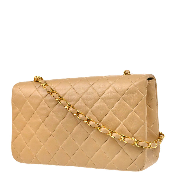 Chanel 1989-1991 Beige Lambskin Turnlock Small Full Flap Shoulder Bag