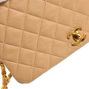 Chanel 1989-1991 Beige Lambskin Turnlock Small Full Flap Shoulder Bag