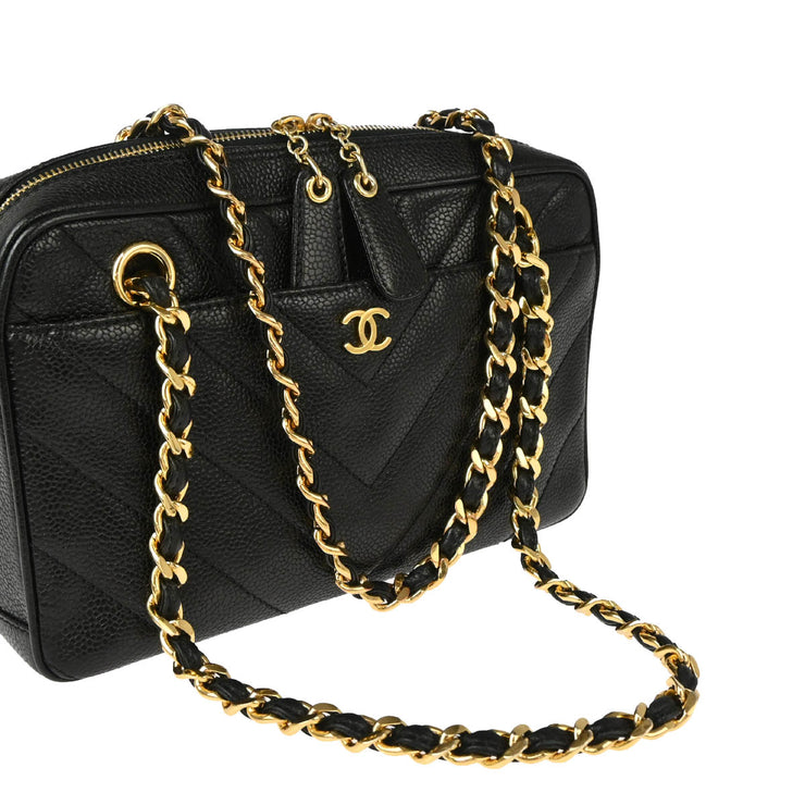 Chanel 2000-2001 Black Caviar Chevron Handbag