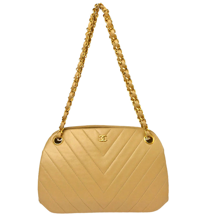 Chanel 1989-1991 Beige Lambskin Chevron Chain Shoulder Bag