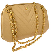 Chanel 1989-1991 Beige Lambskin Chevron Chain Shoulder Bag