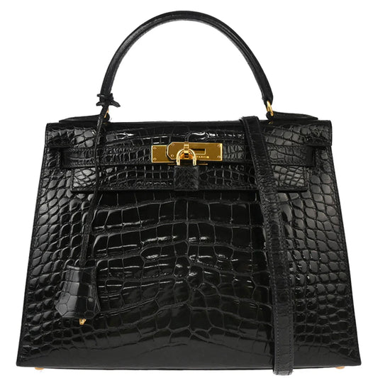 Hermes * 1993 Black Alligator Kelly 28 Sellier 2way Shoulder Handbag