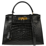 Hermes * 1993 Black Alligator Crocodile Kelly 28 Sellier 2way Shoulder Handbag