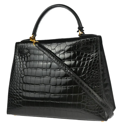 Hermes * 1993 Black Alligator Kelly 28 Sellier 2way Shoulder Handbag