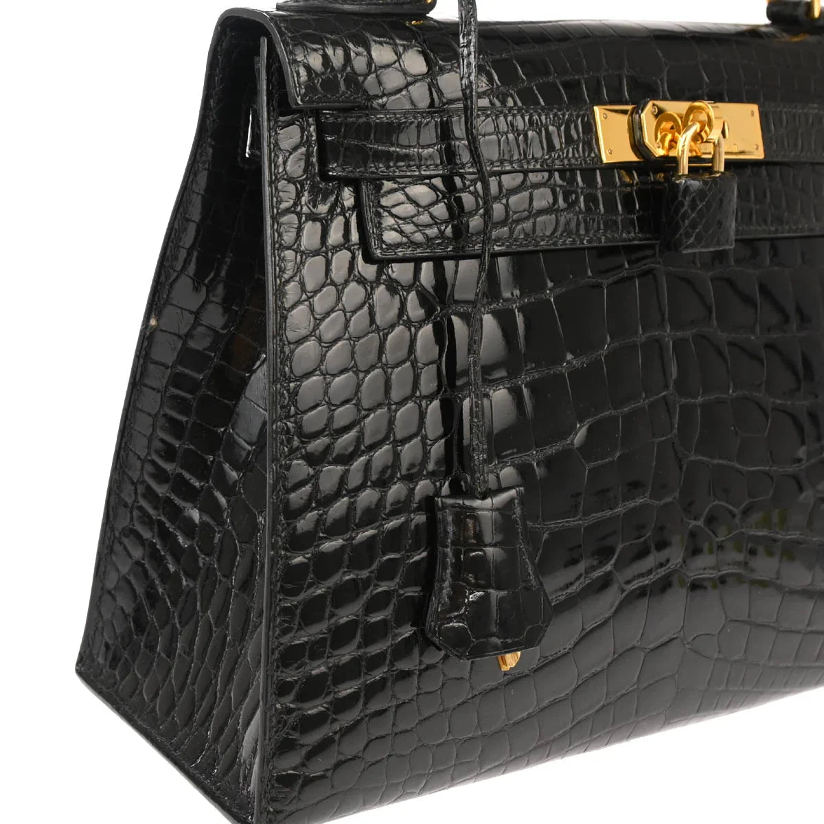 Hermes * 1993 Black Alligator Kelly 28 Sellier 2way Shoulder Handbag