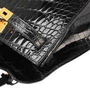 Hermes * 1993 Black Alligator Crocodile Kelly 28 Sellier 2way Shoulder Handbag