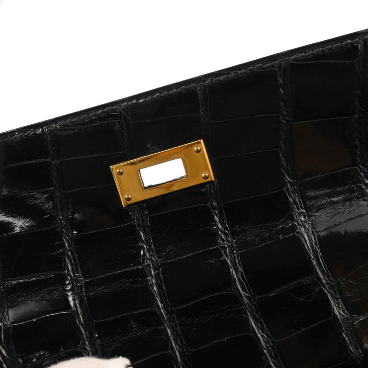 Hermes * 1993 Black Alligator Crocodile Kelly 28 Sellier 2way Shoulder Handbag