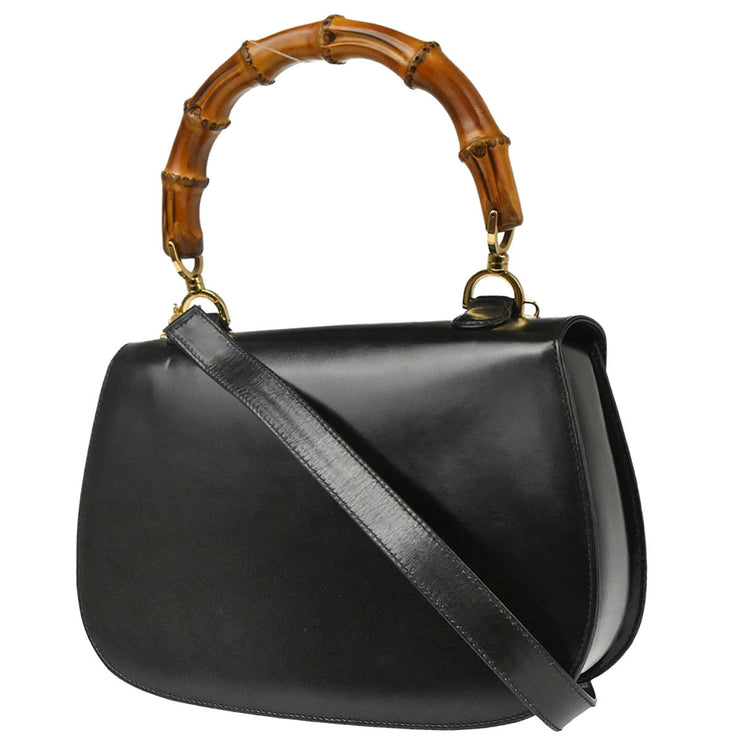 Gucci Black Leather Bamboo 2way Shoulder Handbag