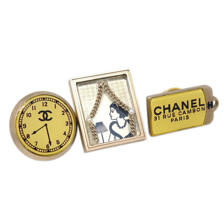 Chanel 3set Brooch Pin Costume Pearl Gold 07C