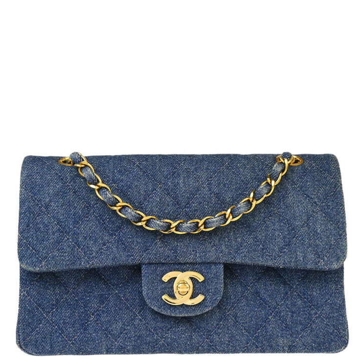 Chanel 1997-1999 Blue Denim Small Classic Double Flap Shoulder Bag