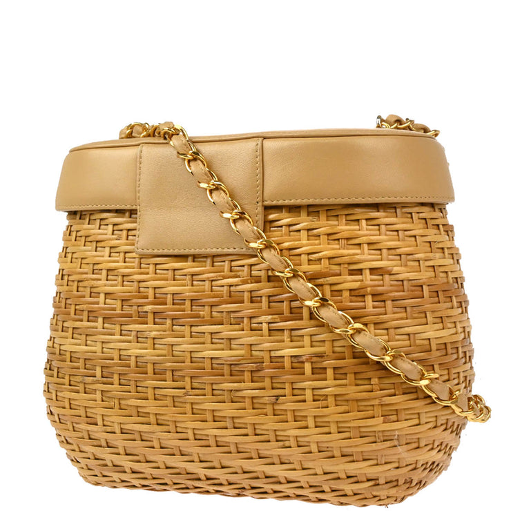 Chanel Beige Rattan Leather Basket Shoulder Bag