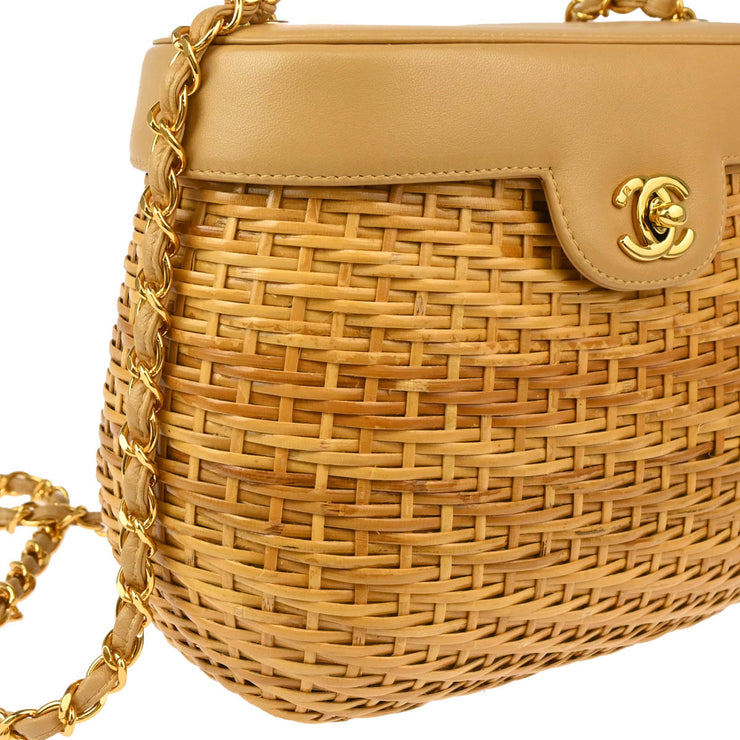 Chanel 1997-1999 Beige Rattan Leather Basket Shoulder Bag