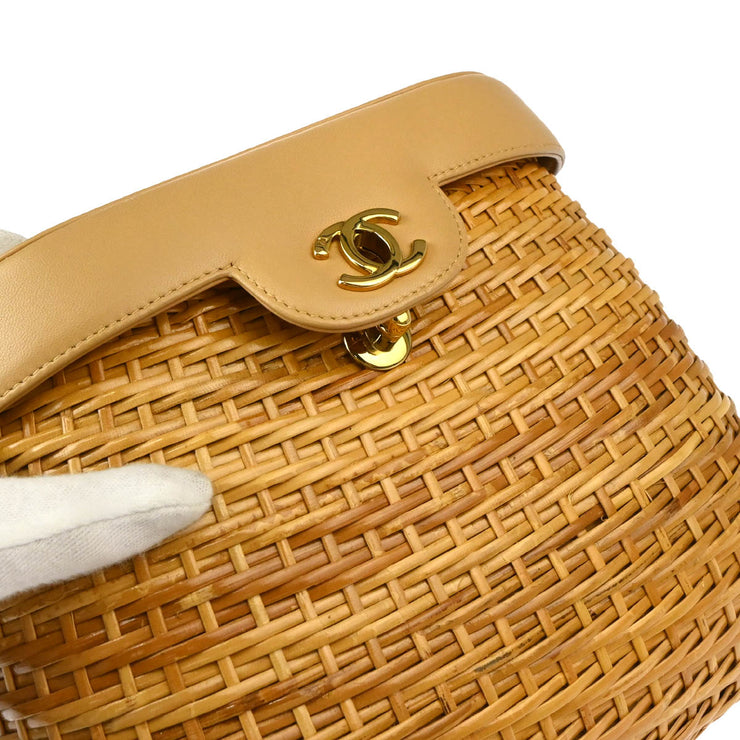 Chanel 1997-1999 Beige Rattan Leather Basket Shoulder Bag