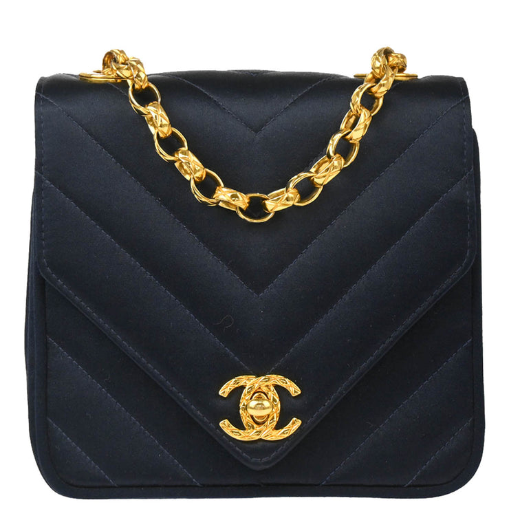 Chanel Navy Satin Chevron Chain Shoulder Bag