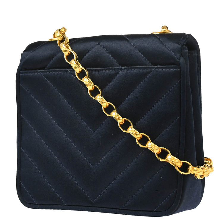 Chanel 1991-1994 Navy Satin Chevron Chain Shoulder Bag