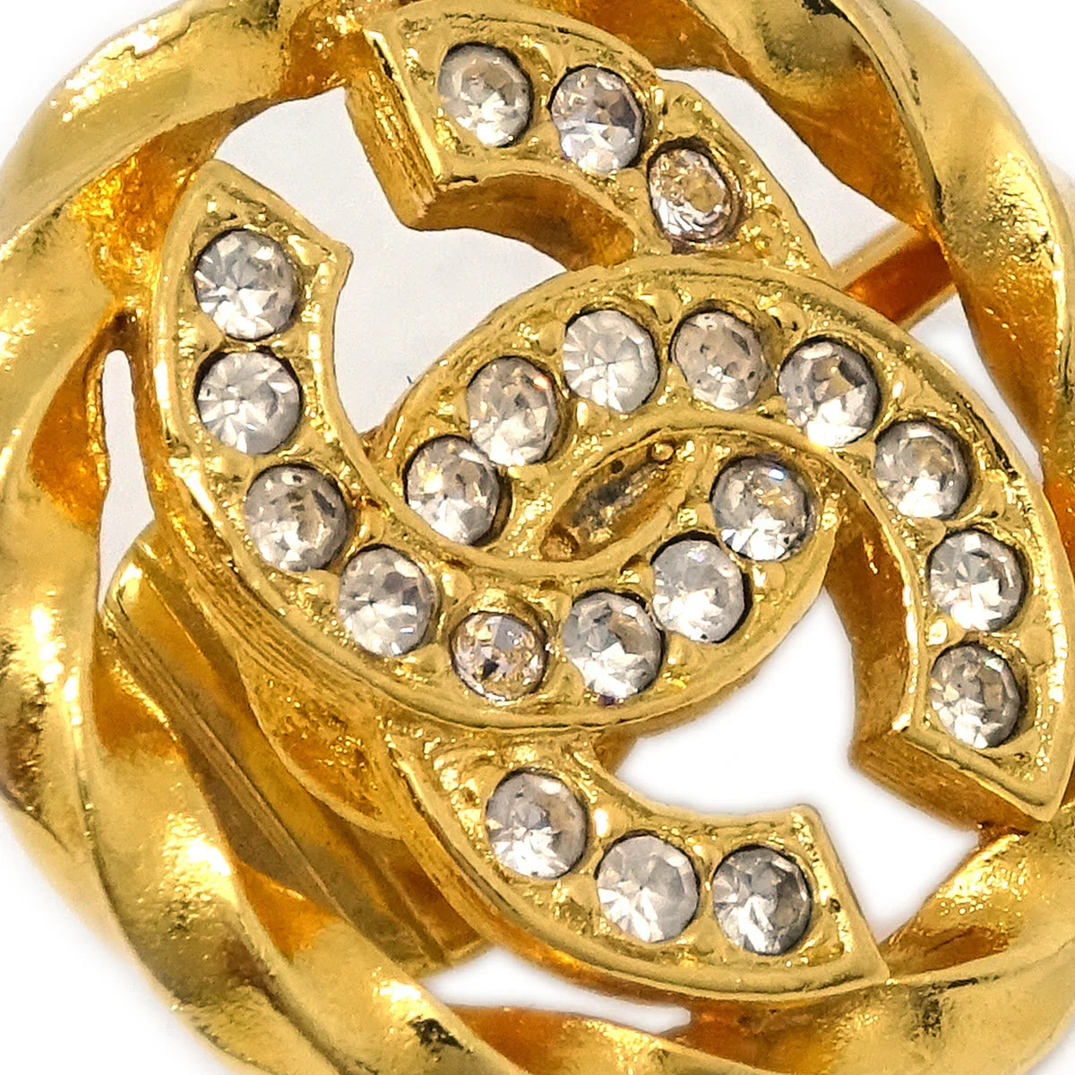 Chanel Gold Button Earrings Clip-On Rhinestone 2137