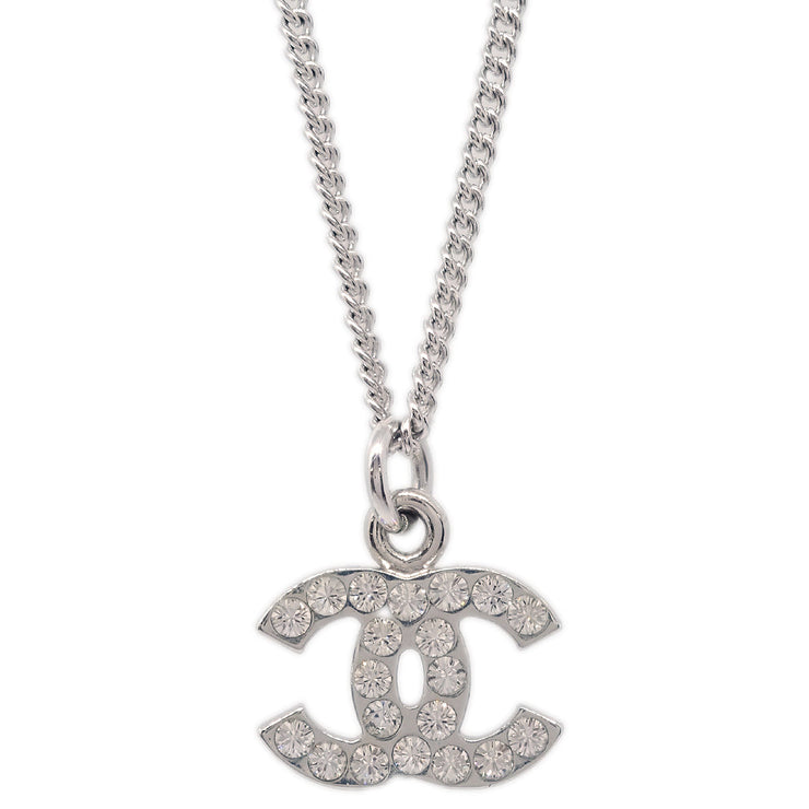 Chanel CC Chain Necklace Pendant Rhinestone Silver 07V